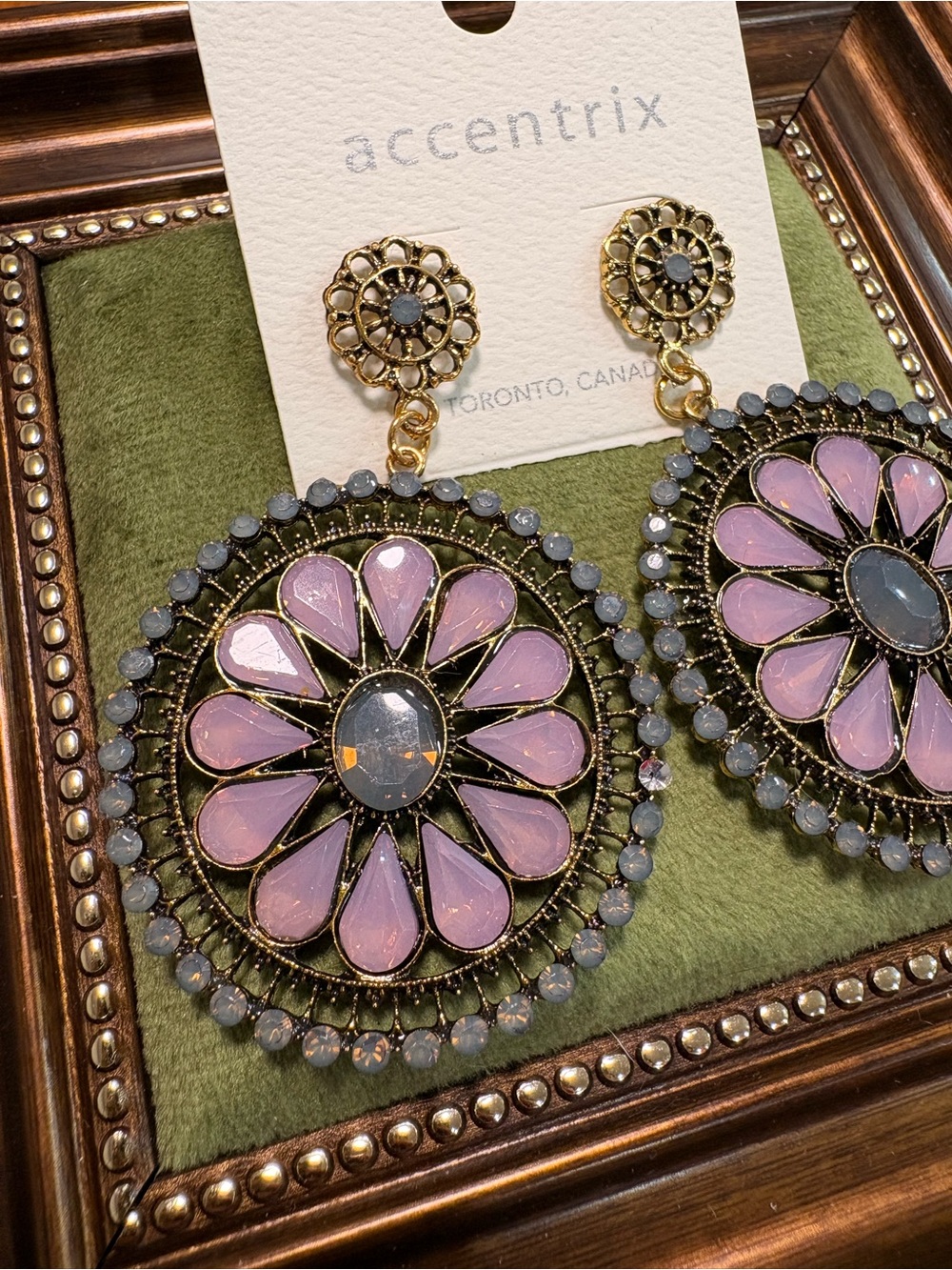 Accentrix Pink Floral Statement Drop Earrings with Gold-Tone Accents - Picture 3 of 3
